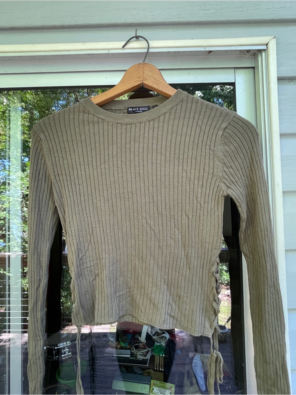 Y2K Brave Soul Olive Ribbed lace up Crewneck Long Sleeve Top Large
